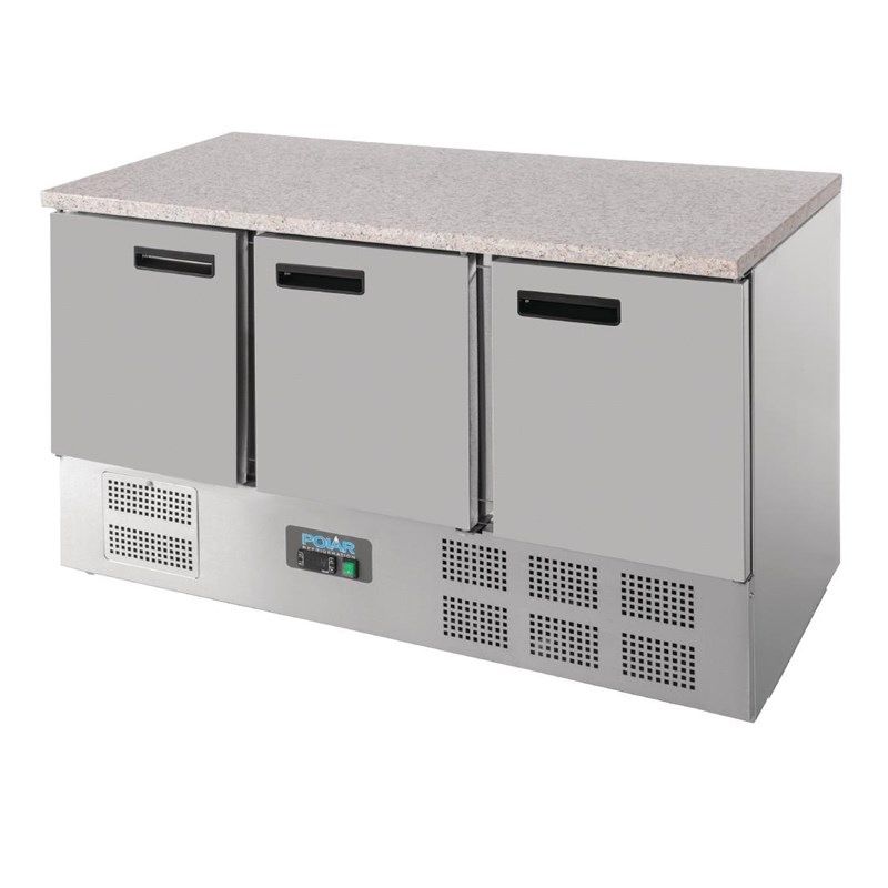 Polar 3-deurs gekoelde werkbank met marmeren blad 368 liter