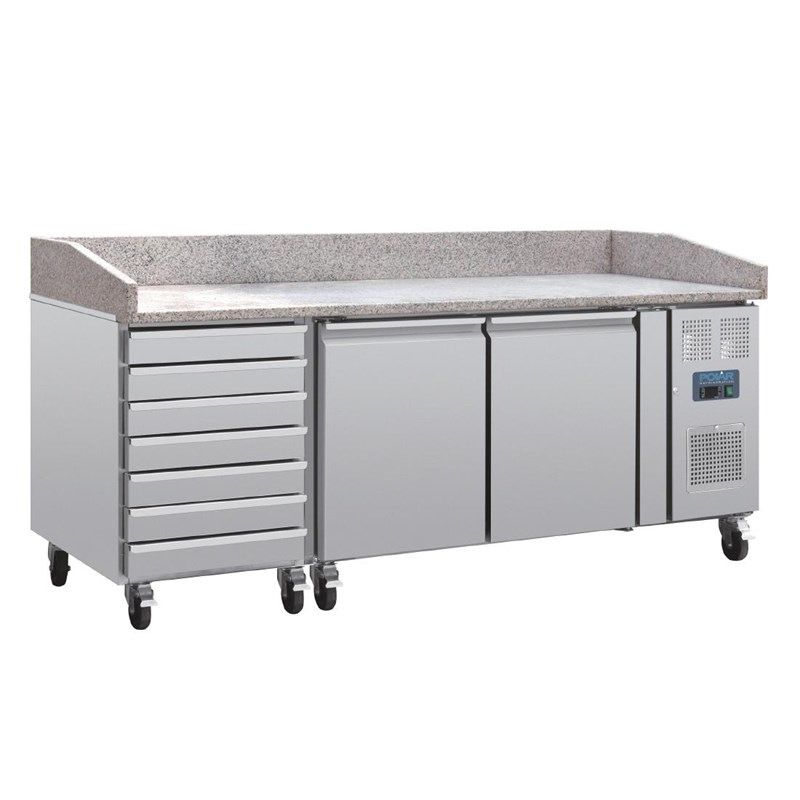 Polar RVS pizzawerkbank - CT423 - 2 deuren, deeglades - marmerblad