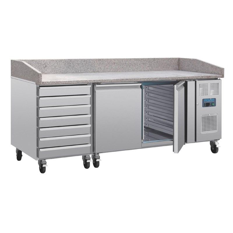 Polar RVS pizzawerkbank - CT423 - 2 deuren, deeglades - marmerblad