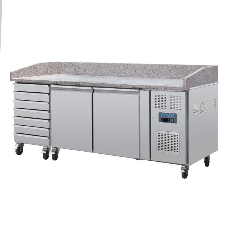 Polar RVS pizzawerkbank - CT423 - 2 deuren, deeglades - marmerblad